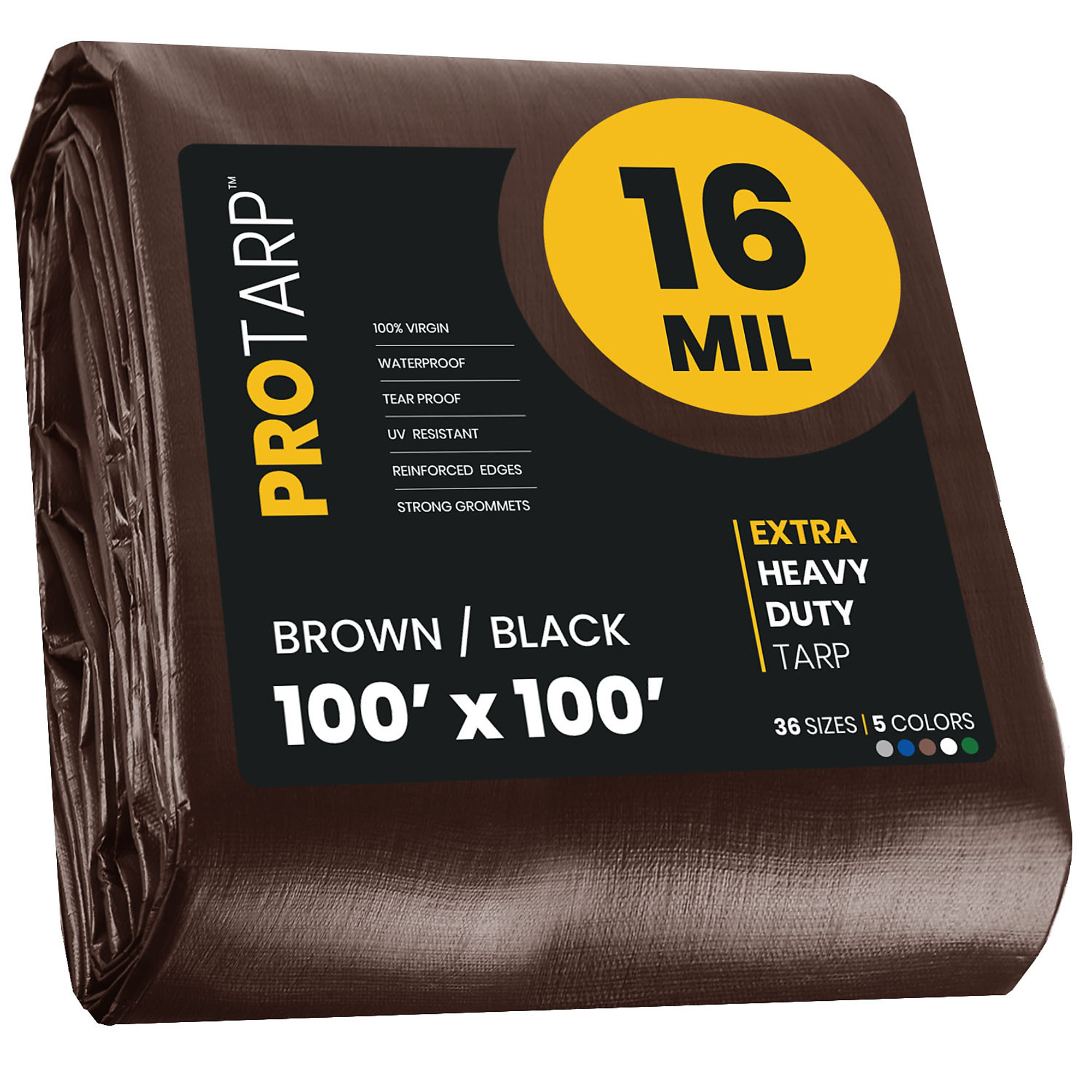PROTARP Extra Heavy Duty 16 Mil Tarp Cover, Waterproof, UV Resistant, Rip and Tear Proof, Poly Tarpaulin with Reinforced Edges for Roof, Camping, Patio, Pool , Boat. (Brown/Black 100' X 100')